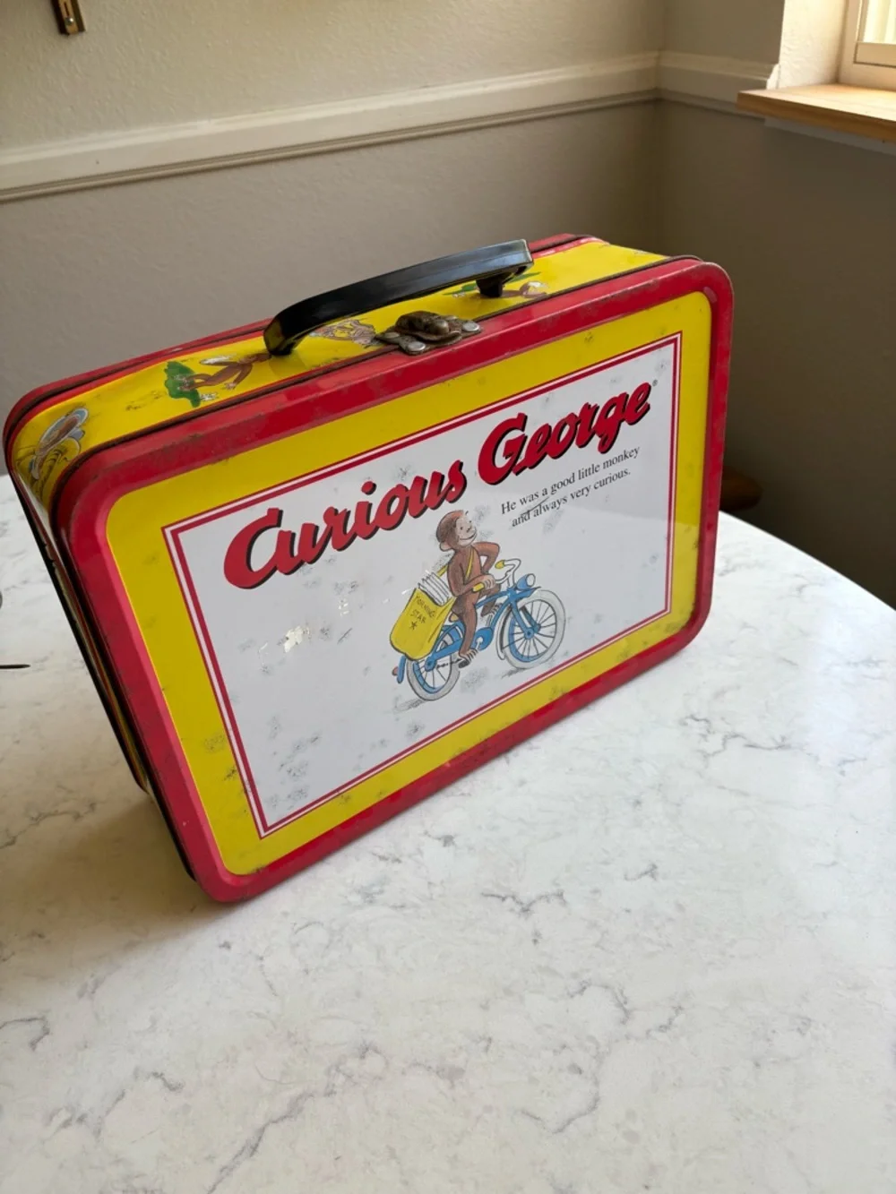 Vintage Curious George Yellow & Red Tin Lunchbox Large